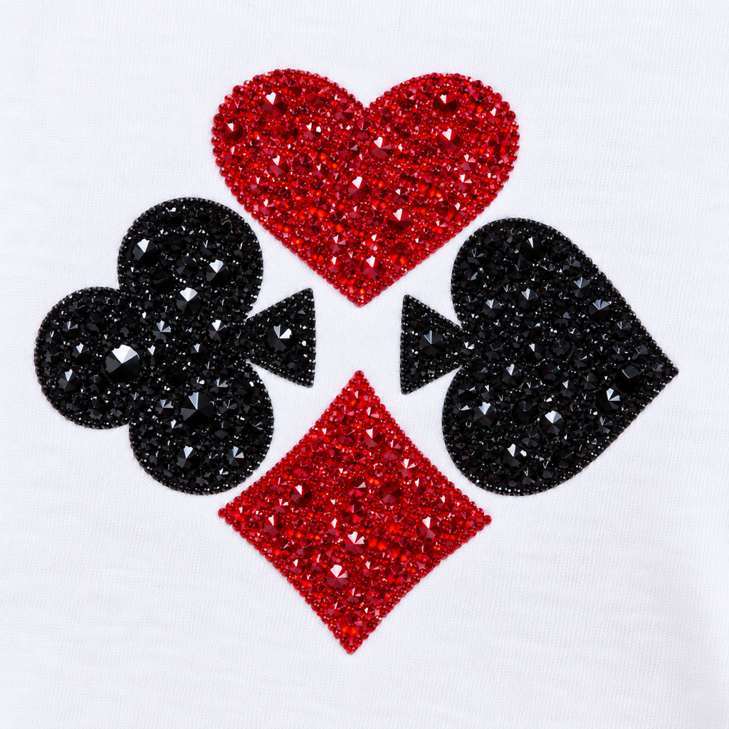 Women's White Round Neck T-Shirt with Beaded Playing Cards Design | Short Sleeve Casual Top | Red Heart, Diamond, Black Club & Spade Embellishment