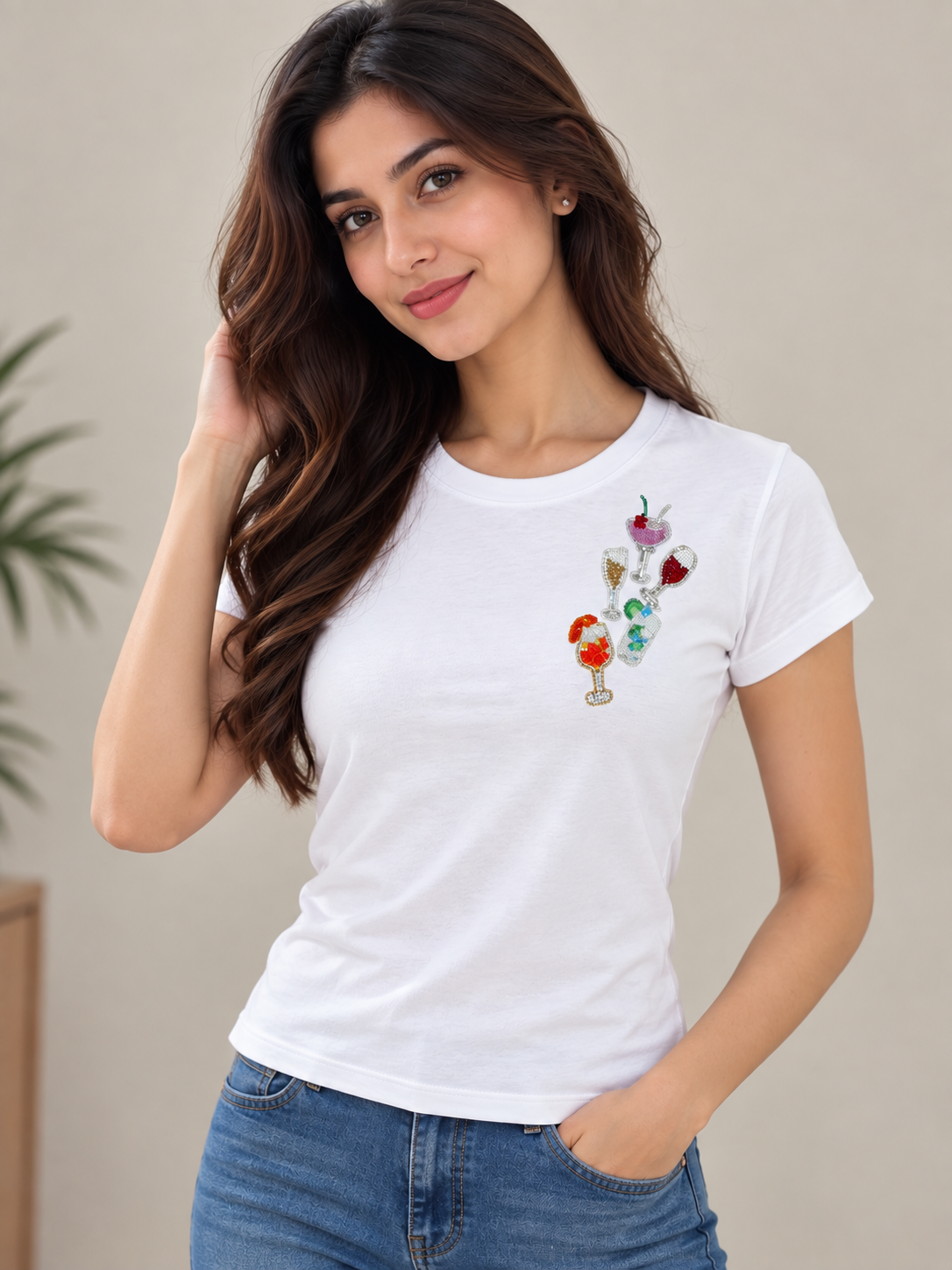 Women's White Round Neck T-Shirt with Colorful Cocktail Glass Beaded Design | Short Sleeve Casual Top | Festive Party Inspired Embellishment