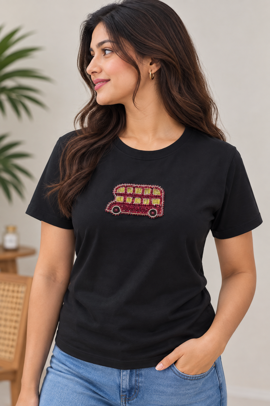 Women's Black Short Sleeve T-Shirt with Red Double Decker Bus Beaded Embellishment, Round Neck Casual Tee
