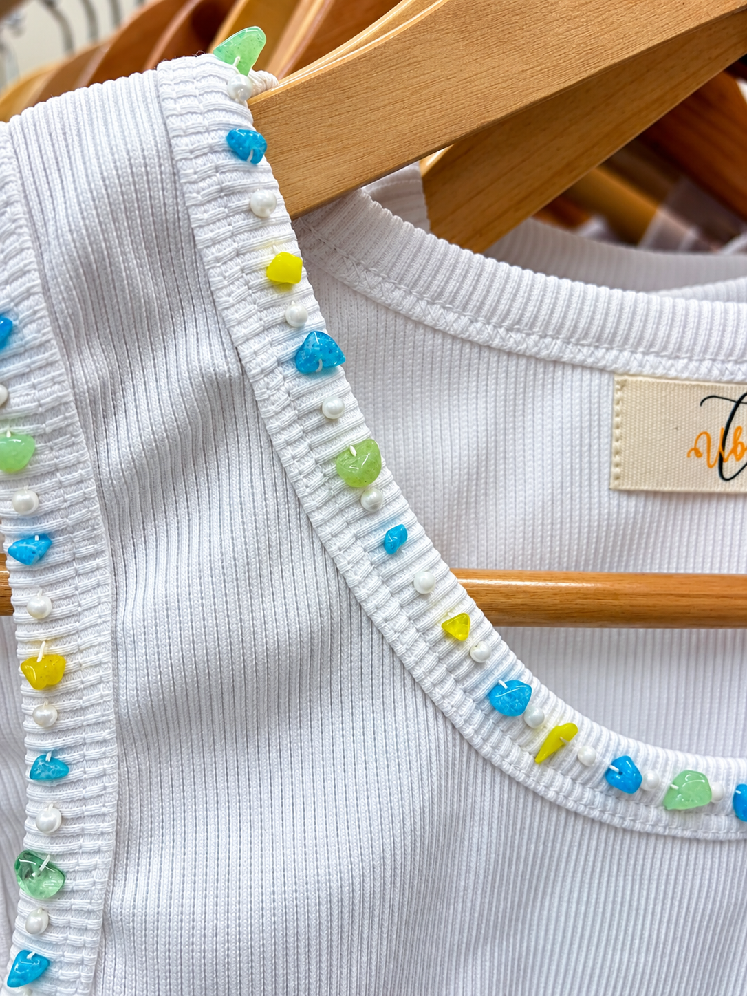 Women's White Ribbed Tank Top with Blue Green Yellow Multicolor Beaded Neckline & Straps | Sleeveless Casual Top | Embellished Summer Wear