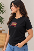 Women's Black Short Sleeve T-Shirt with Red Double Decker Bus Beaded Embellishment, Round Neck Casual Tee