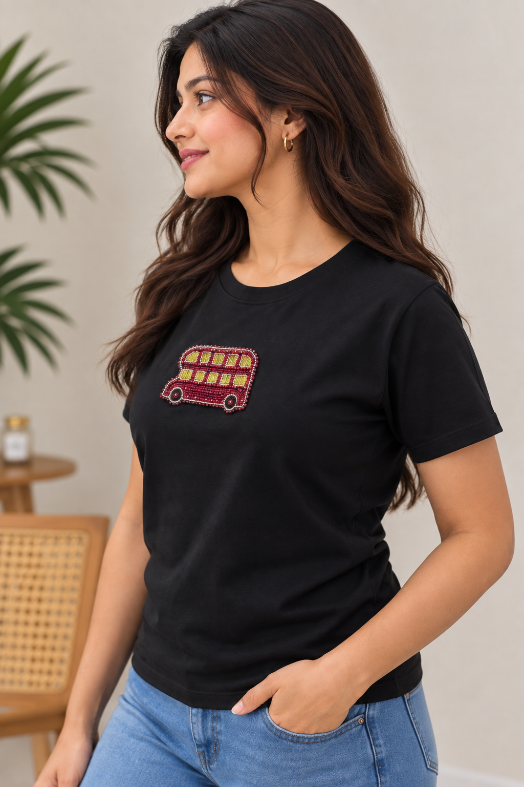 Women's Black Short Sleeve T-Shirt with Red Double Decker Bus Beaded Embellishment, Round Neck Casual Tee