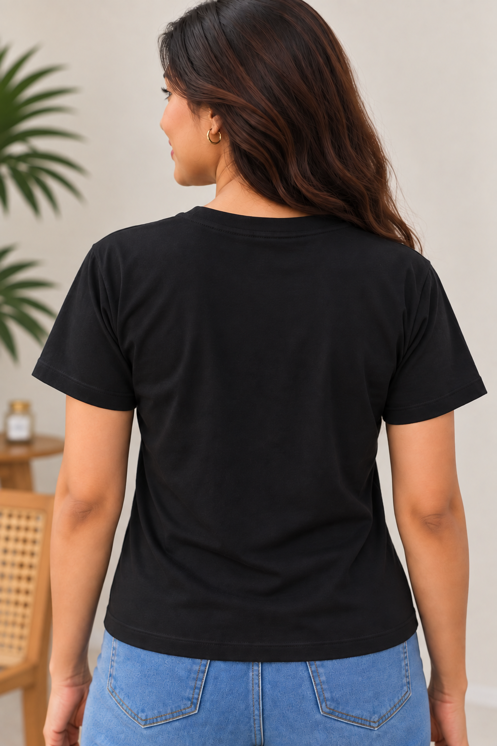 Women's Black Short Sleeve T-Shirt with Red Double Decker Bus Beaded Embellishment, Round Neck Casual Tee