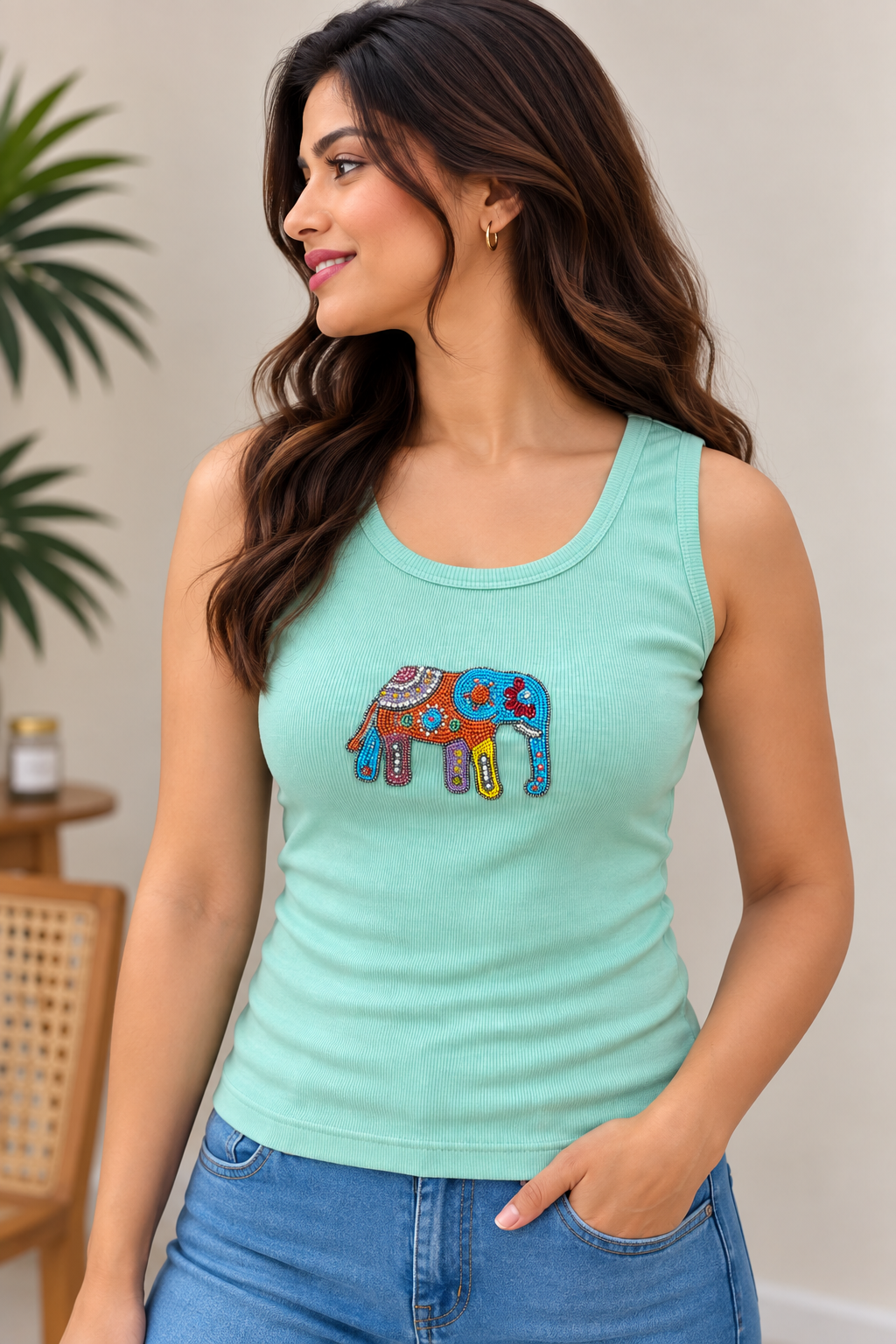 Women's Mint Green Ribbed Sleeveless Tank Top with Colorful Elephant Beadwork, Scoop Neck Casual Top
