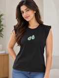 Women's Black Sleeveless Top with Beaded Watermelon Design | Round Neck Casual T-Shirt | Red & Green Embellished Fruit Motif
