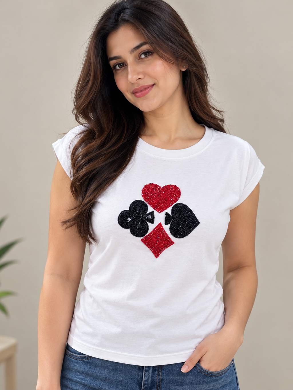Women's White Round Neck T-Shirt with Beaded Playing Cards Design | Short Sleeve Casual Top | Red Heart, Diamond, Black Club & Spade Embellishment