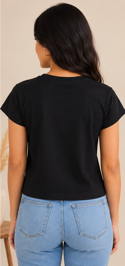 Women's Black Crop Top with Pink Bow Embroidery – Short Sleeve Round Neck Casual T-Shirt