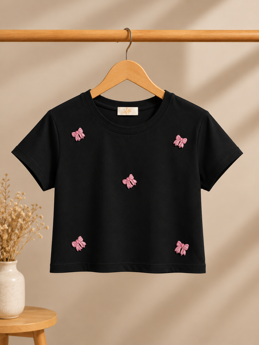 Women's Black Crop Top with Pink Bow Embroidery – Short Sleeve Round Neck Casual T-Shirt
