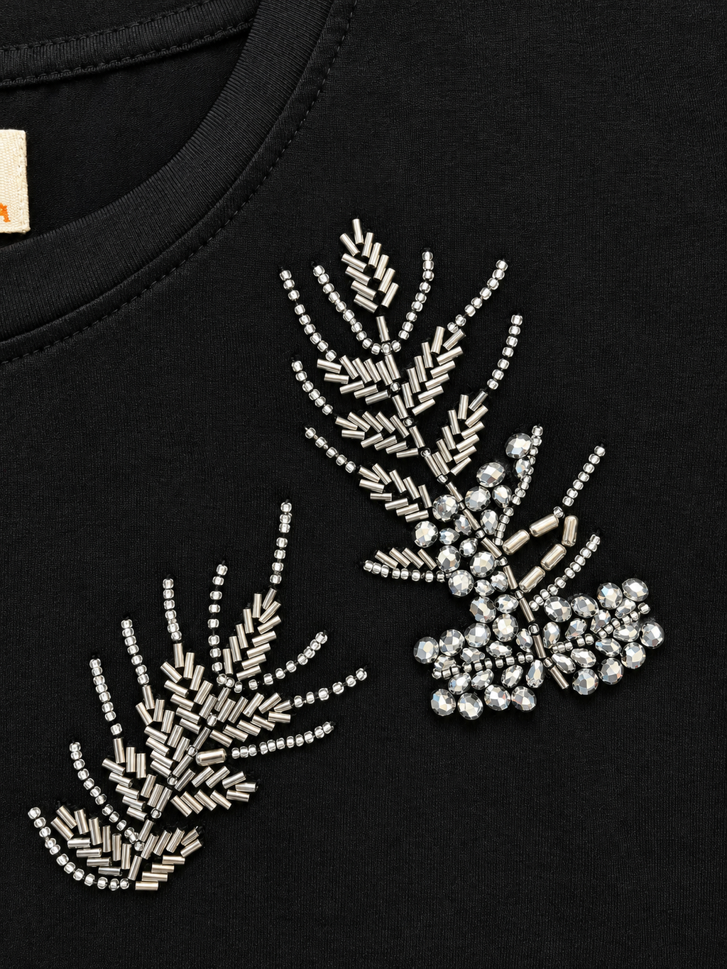 Black Feather Embellished Cotton T-Shirt | Premium Round Neck Raglan Sleeve Tee