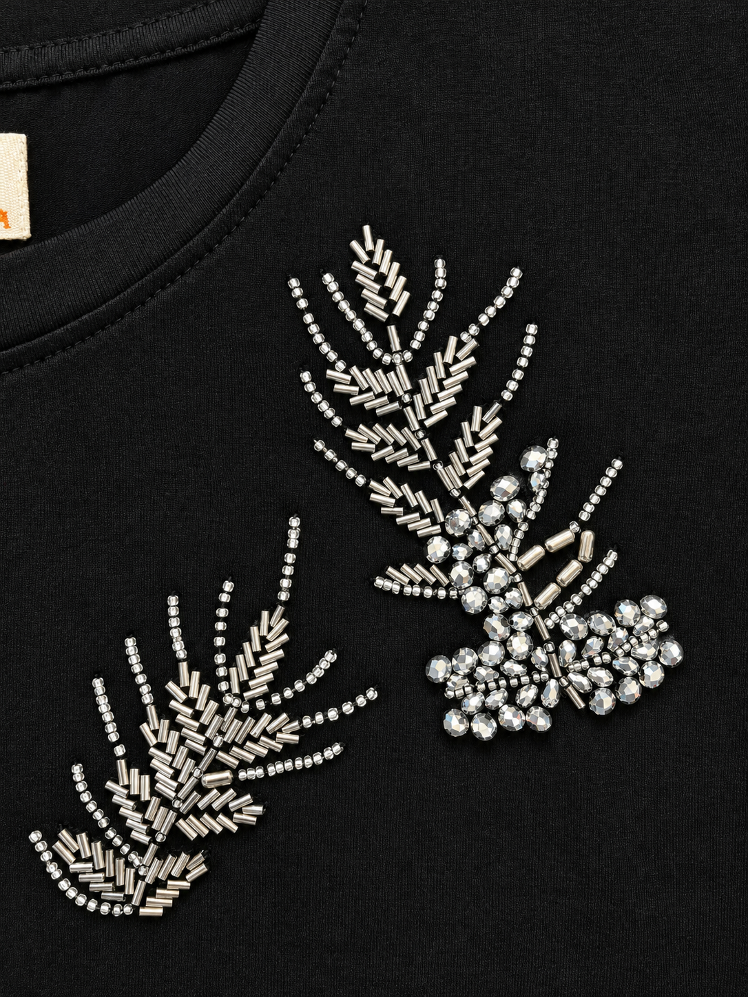 Black Feather Embellished Cotton T-Shirt | Premium Round Neck Raglan Sleeve Tee