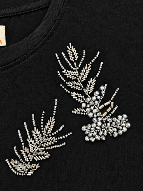 Black Feather Embellished Cotton T-Shirt | Premium Round Neck Raglan Sleeve Tee