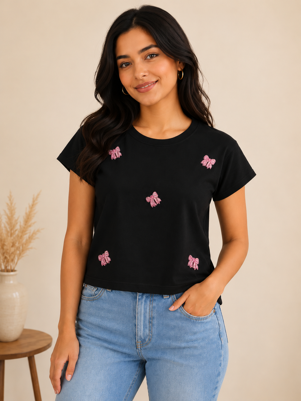 Women's Black Crop Top with Pink Bow Embroidery – Short Sleeve Round Neck Casual T-Shirt