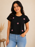 Women's Black Crop Top with Pink Bow Embroidery – Short Sleeve Round Neck Casual T-Shirt