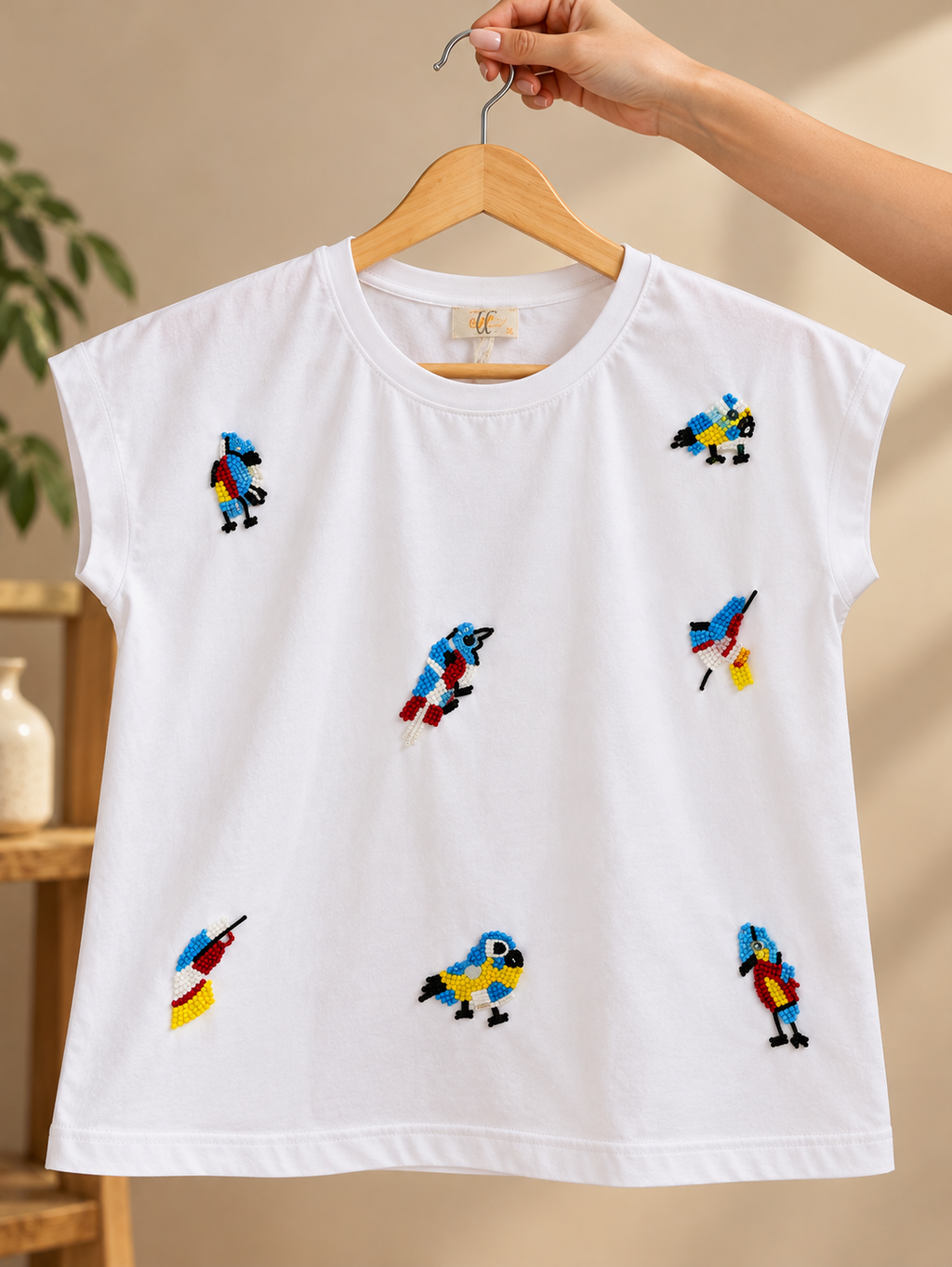 Women's White Cotton T-Shirt with Multicolour Embroidered Parrot Designs, Round Neck, Short Sleeves, Casual Everyday Wear
