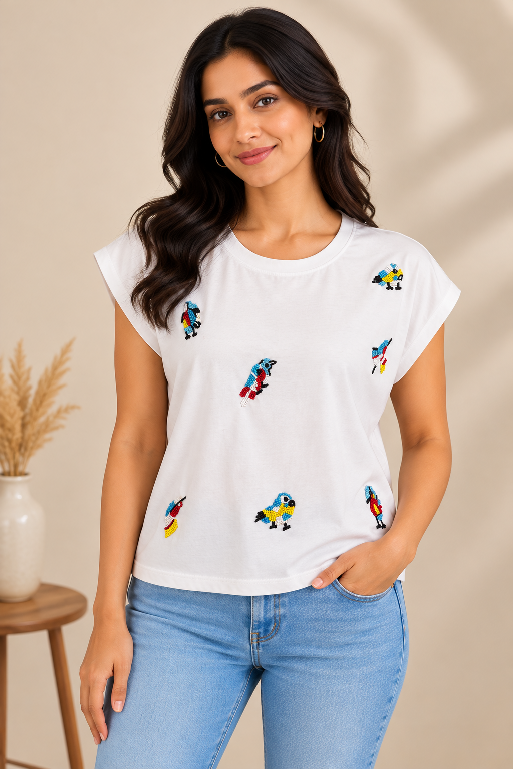 Women's White Cotton T-Shirt with Multicolour Embroidered Parrot Designs, Round Neck, Short Sleeves, Casual Everyday Wear