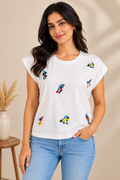 Women's White Cotton T-Shirt with Multicolour Embroidered Parrot Designs, Round Neck, Short Sleeves, Casual Everyday Wear