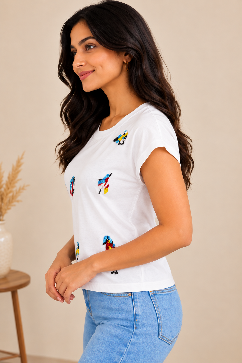 Women's White Cotton T-Shirt with Multicolour Embroidered Parrot Designs, Round Neck, Short Sleeves, Casual Everyday Wear