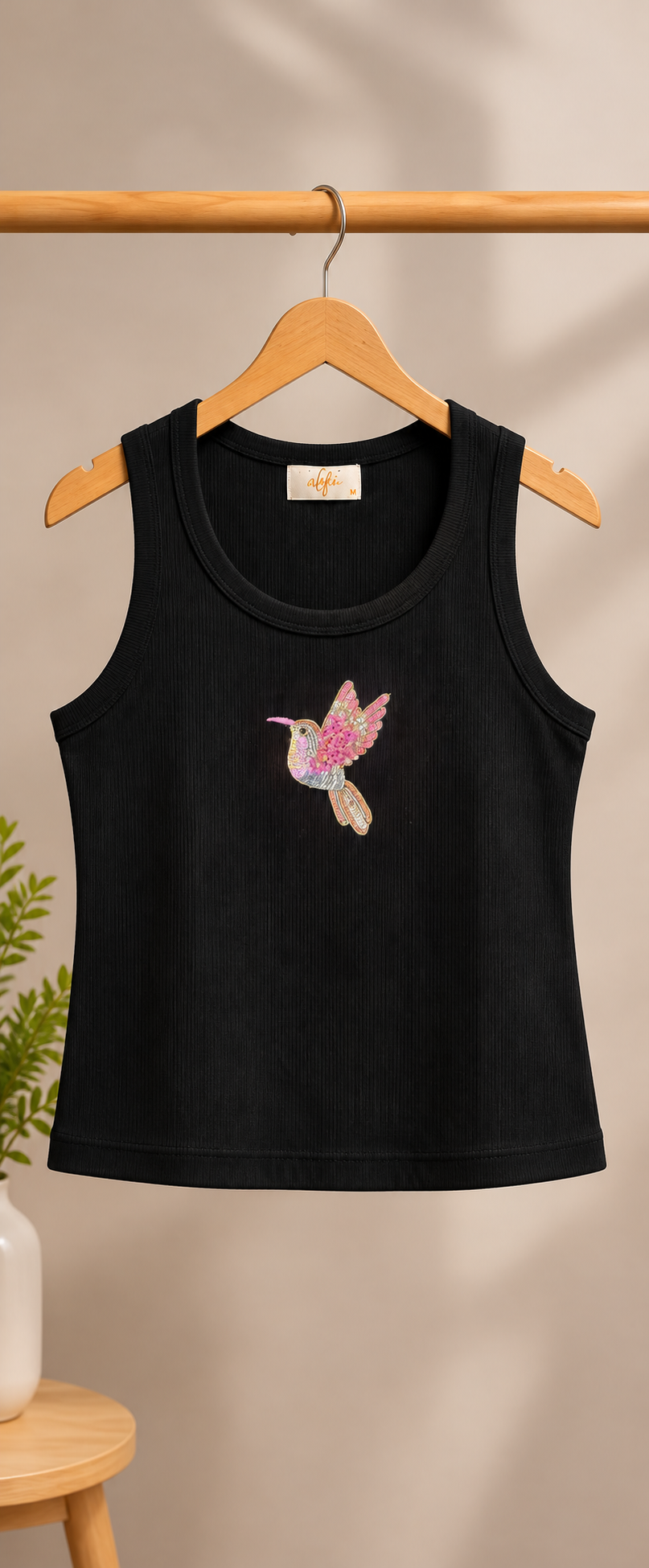 Women's Black Ribbed Tank Top with Pink Hummingbird Embroidery, Round Neck, Sleeveless Fitted Top, Casual Wear