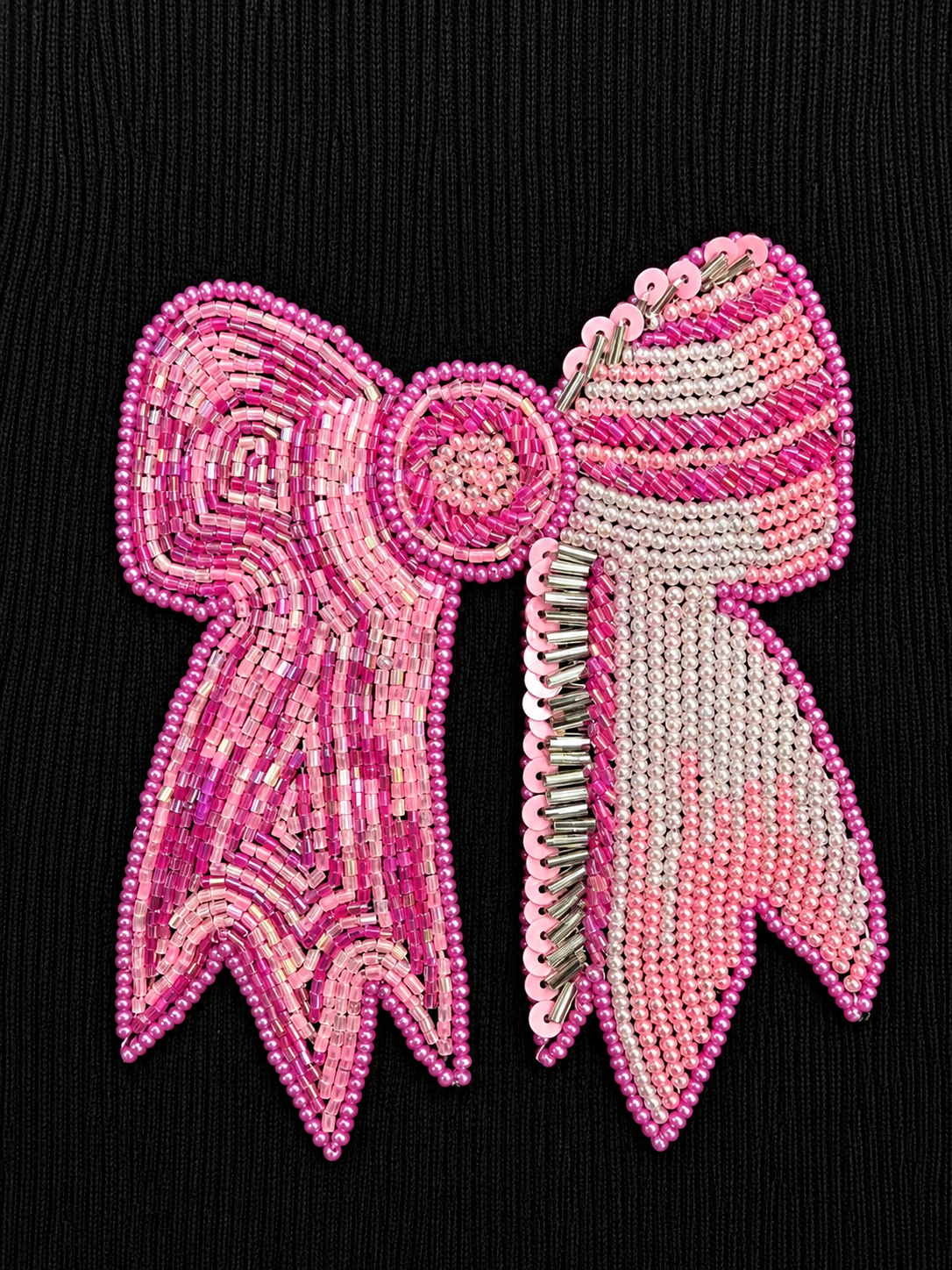 Women's Black Ribbed Tank Top with Pink Beaded Bow Embroidery – Sleeveless Casual Tank Top