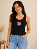 Women's Black Ribbed Tank Top with Pink Beaded Bow Embroidery – Sleeveless Casual Tank Top