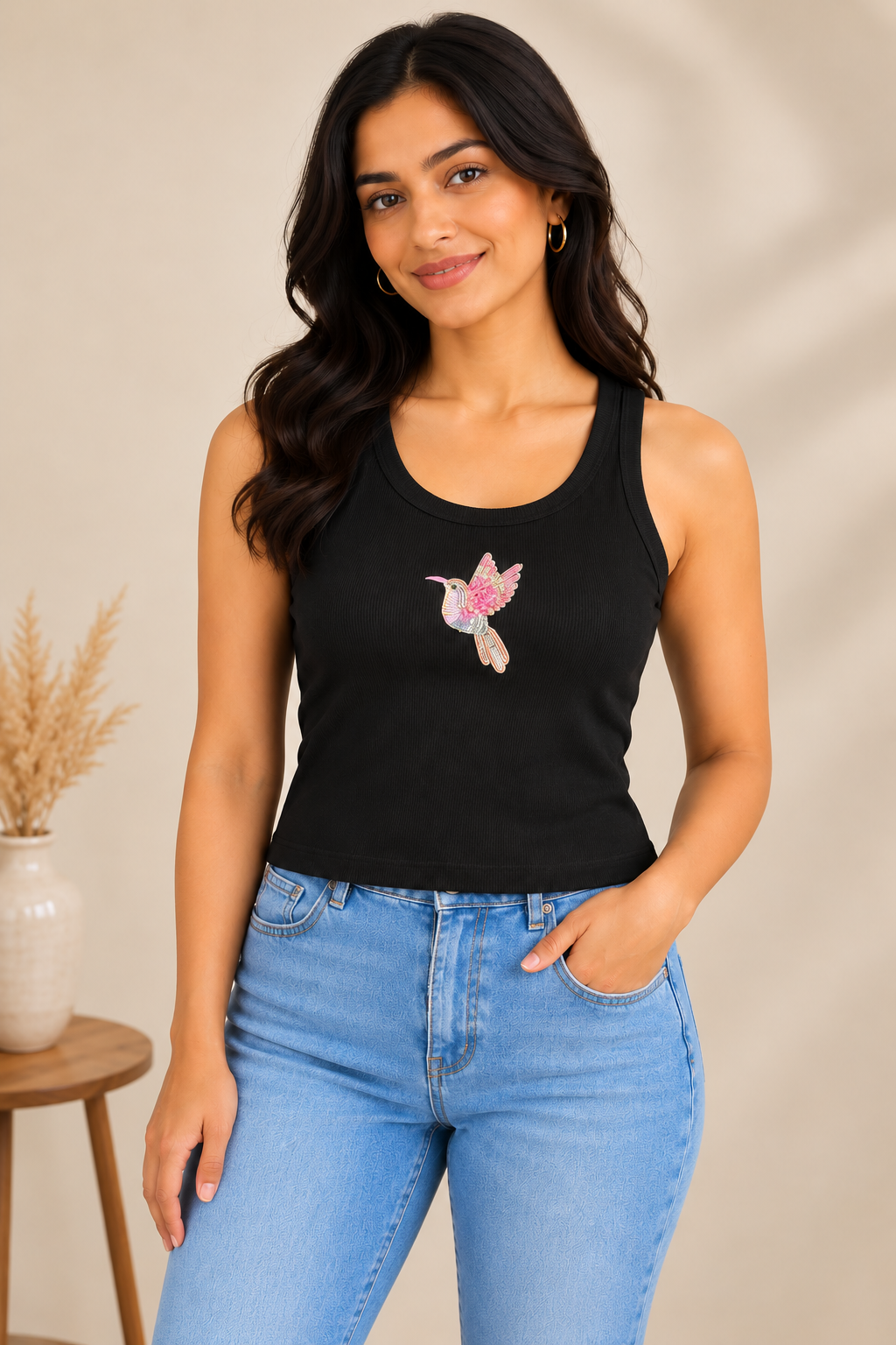 Women's Black Ribbed Tank Top with Pink Hummingbird Embroidery, Round Neck, Sleeveless Fitted Top, Casual Wear