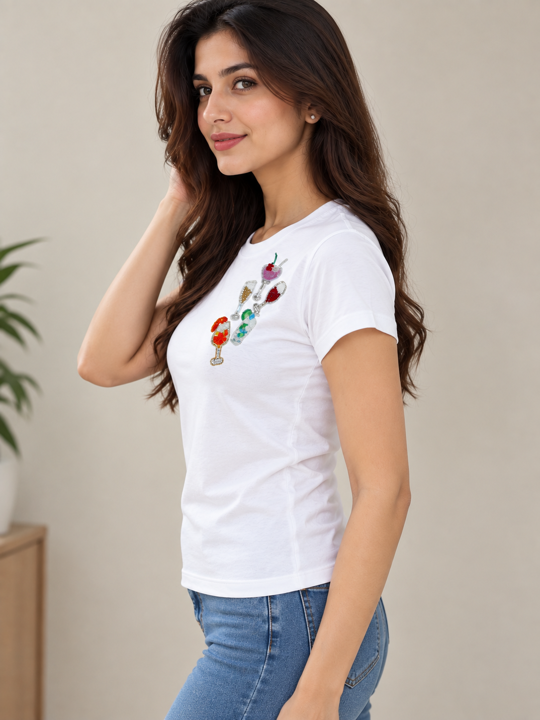 Women's White Round Neck T-Shirt with Colorful Cocktail Glass Beaded Design | Short Sleeve Casual Top | Festive Party Inspired Embellishment