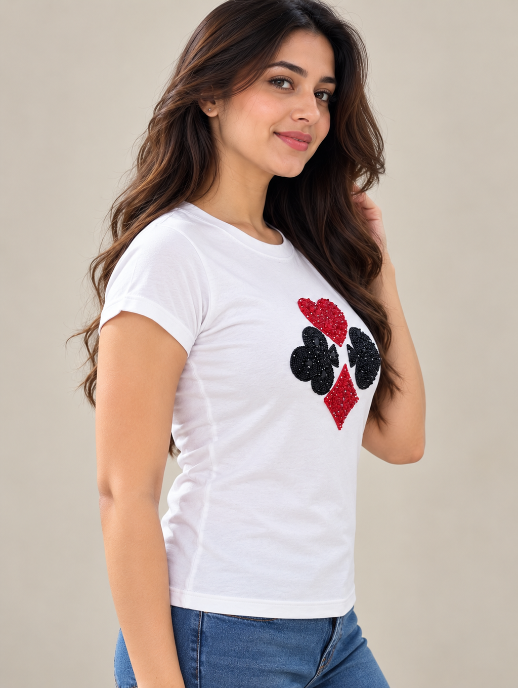 Women's White Round Neck T-Shirt with Beaded Playing Cards Design | Short Sleeve Casual Top | Red Heart, Diamond, Black Club & Spade Embellishment