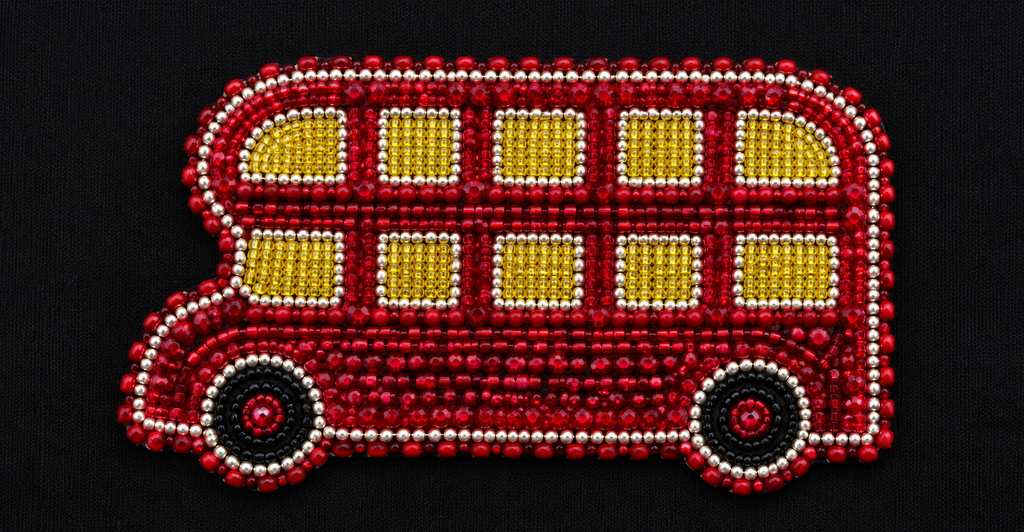 Women's Black Short Sleeve T-Shirt with Red Double Decker Bus Beaded Embellishment, Round Neck Casual Tee