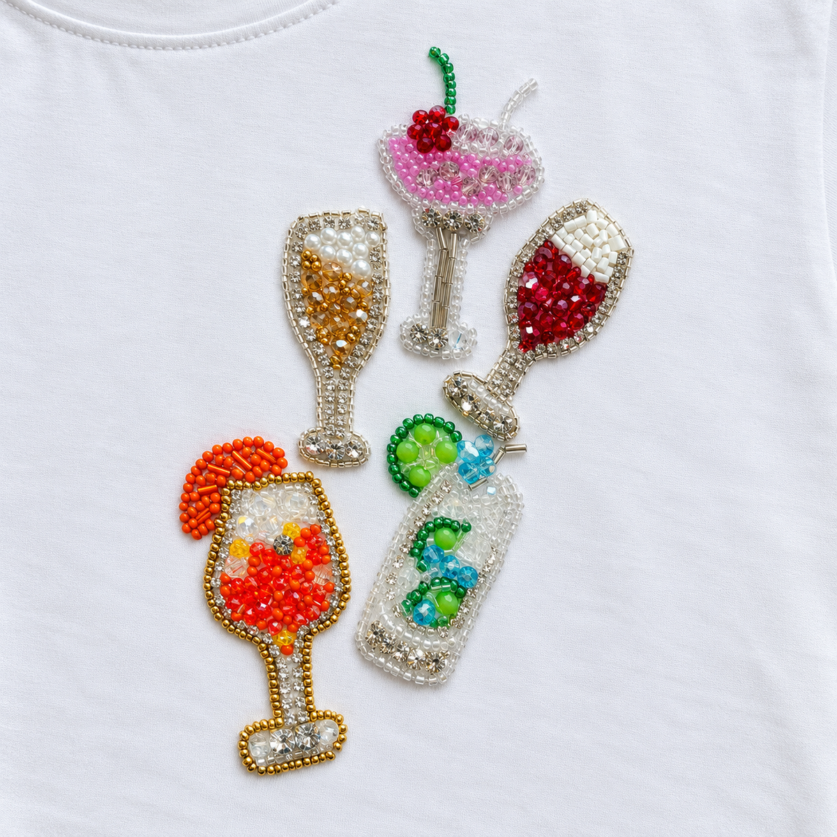 Women's White Round Neck T-Shirt with Colorful Cocktail Glass Beaded Design | Short Sleeve Casual Top | Festive Party Inspired Embellishment