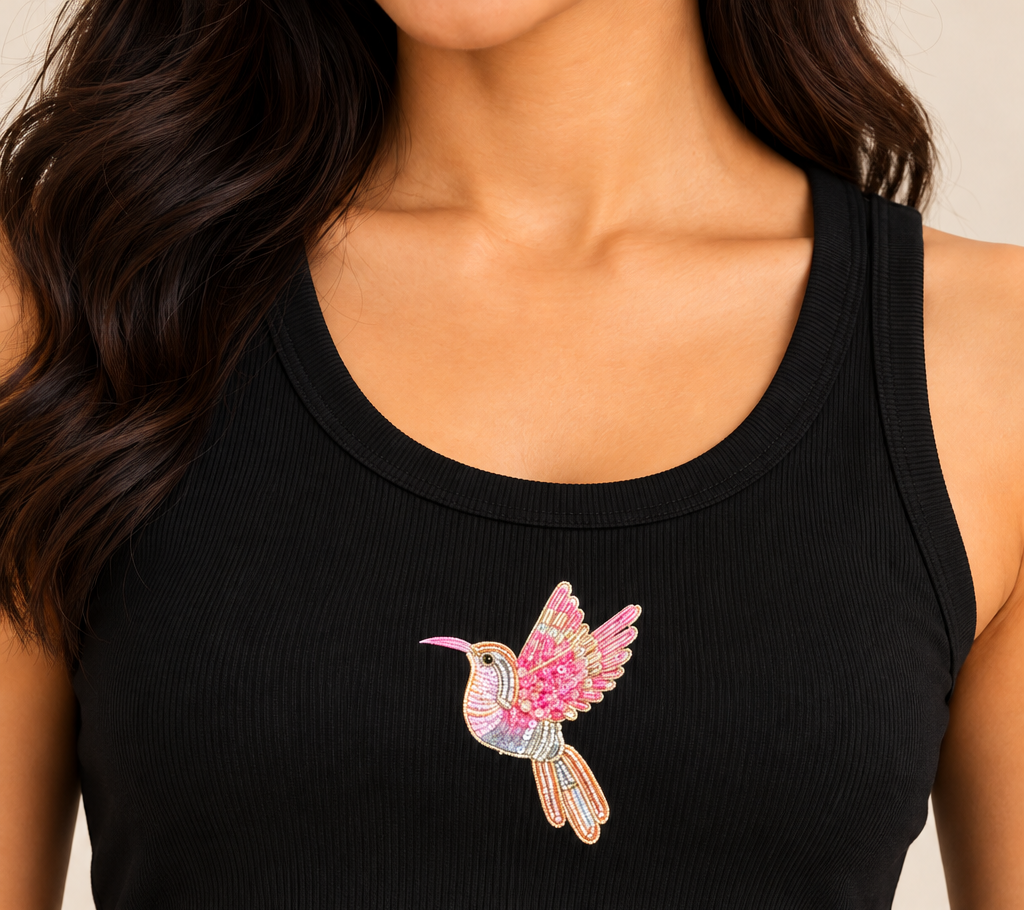 Women's Black Ribbed Tank Top with Pink Hummingbird Embroidery, Round Neck, Sleeveless Fitted Top, Casual Wear