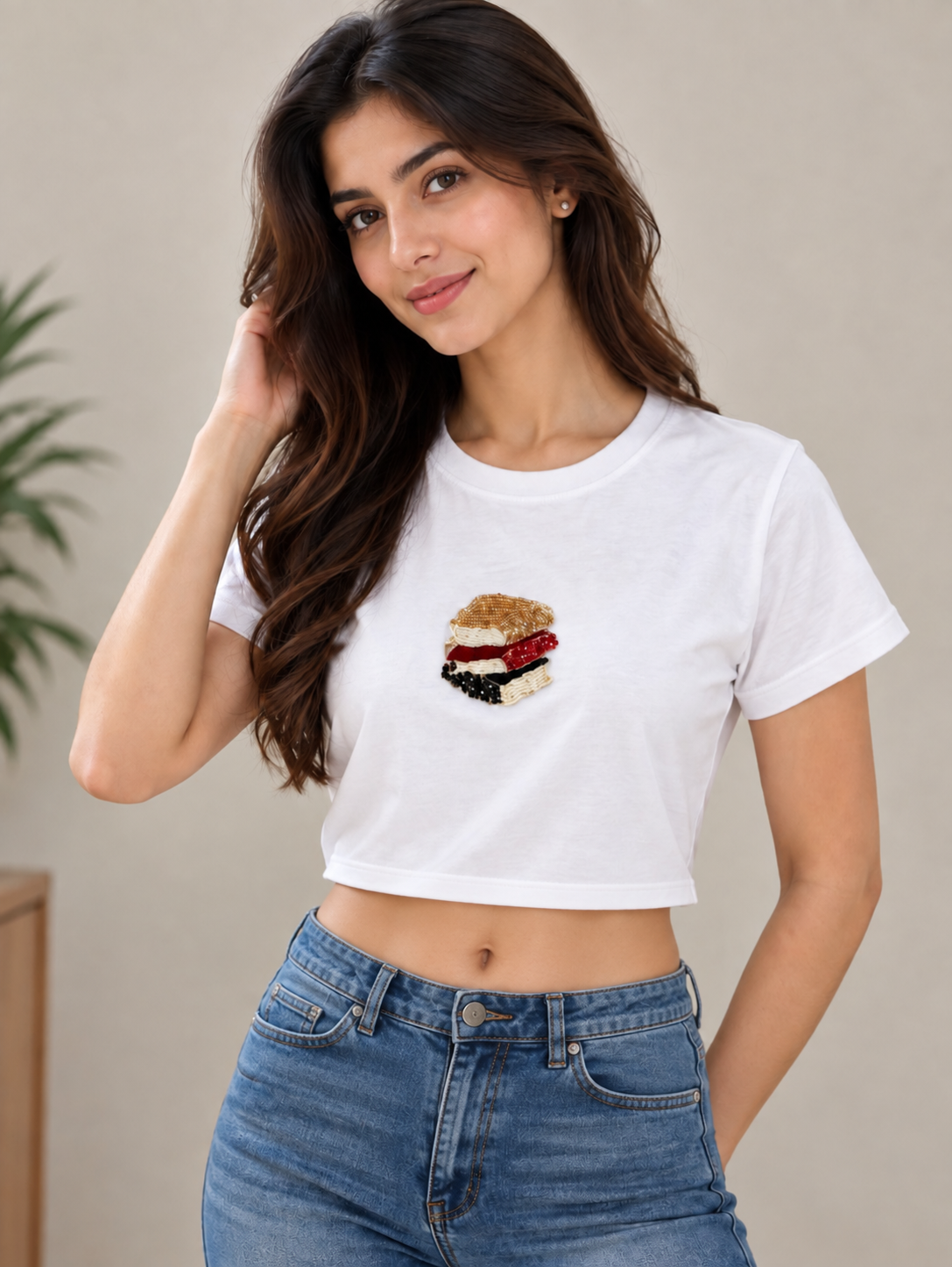 Women's White Embellished Crop T-Shirt with Multicolor Layered Beaded Design