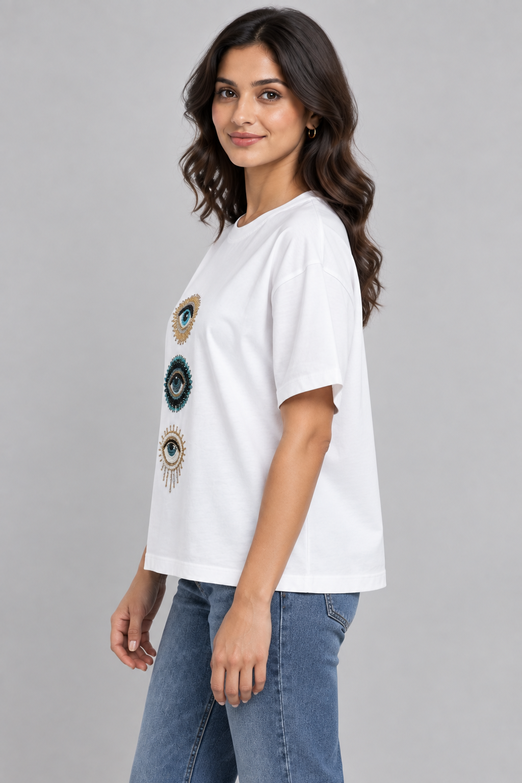Women's White Eye Embellished Casual T-Shirt with Short Sleeves