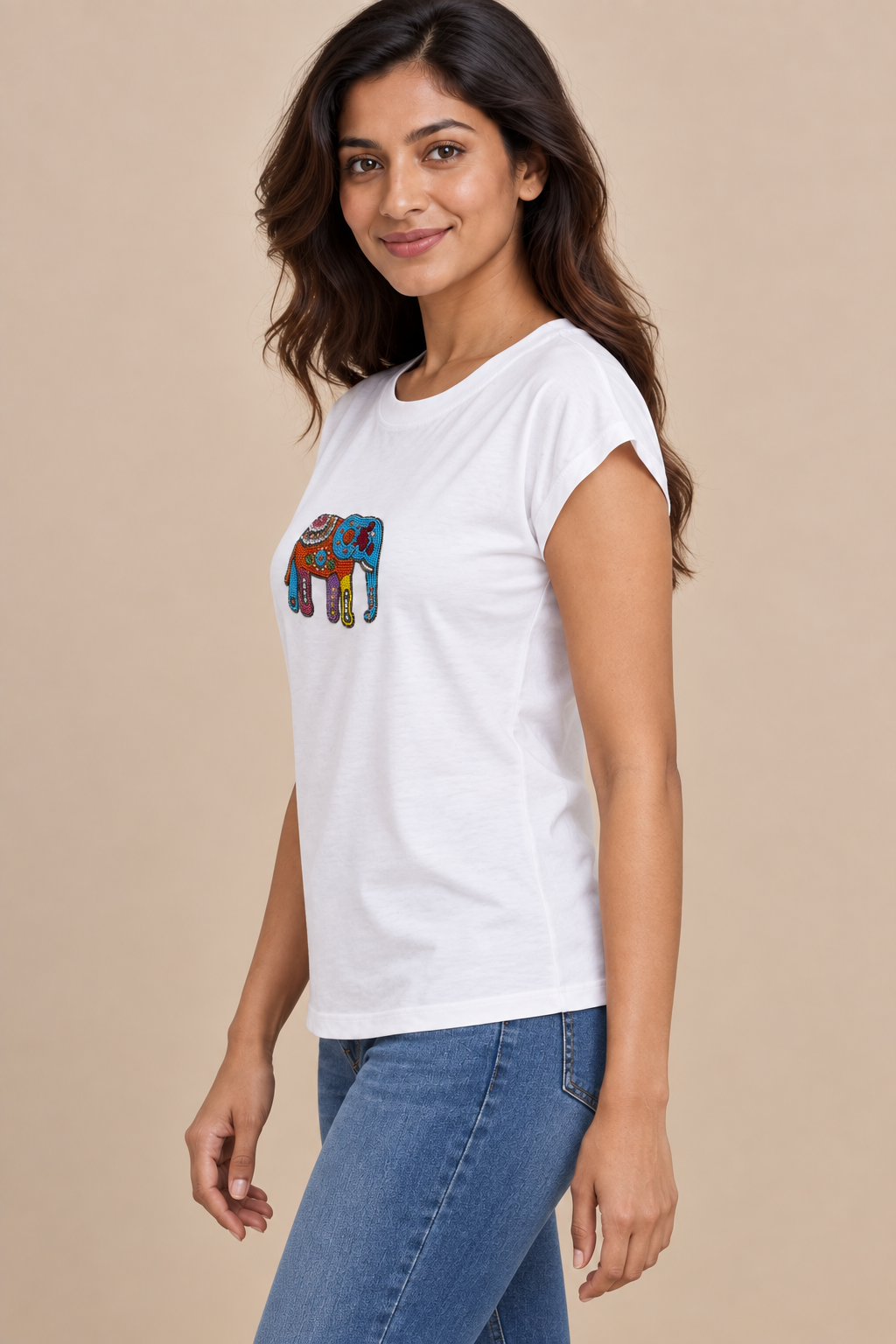 Women's White Elephant Embellished Casual T-Shirt with Short Sleeves