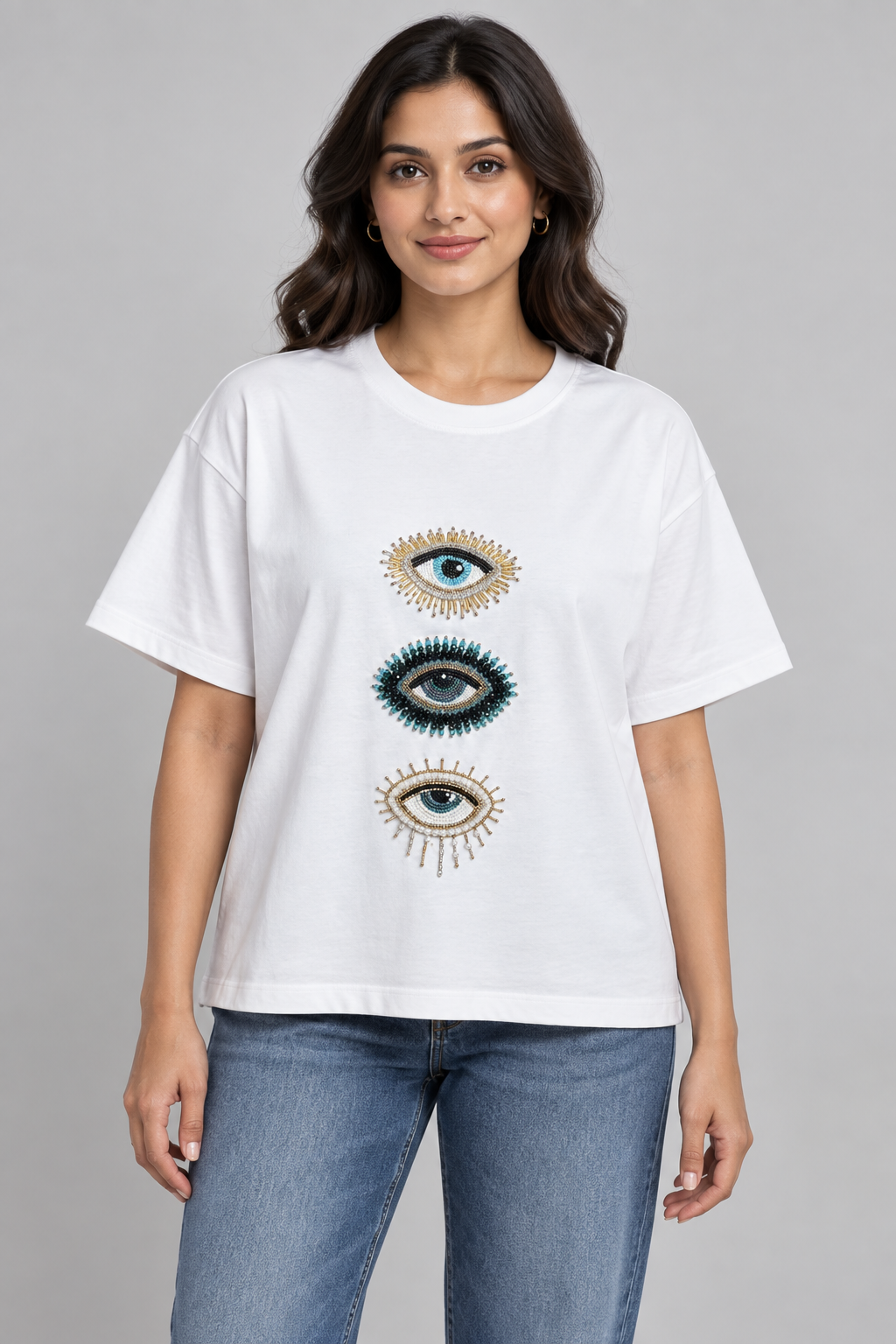 Women's White Eye Embellished Casual T-Shirt with Short Sleeves