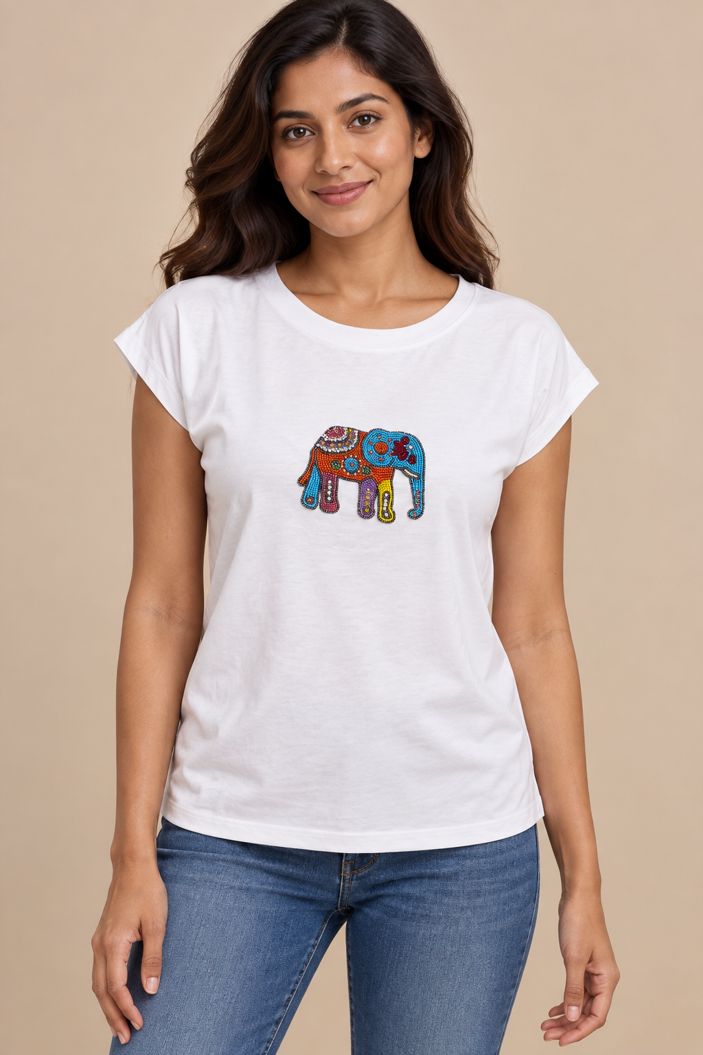 Women's White Elephant Embellished Casual T-Shirt with Short Sleeves